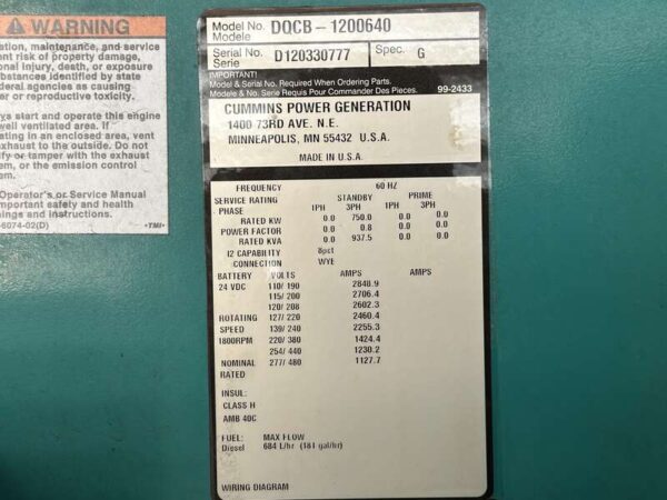 2012 Cummins DQCB Diesel Generator