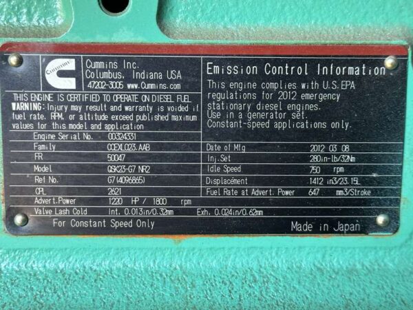 2012 Cummins DQCB Diesel Generator
