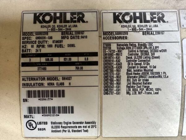 2010 Kohler 500REOZVB Diesel Generator