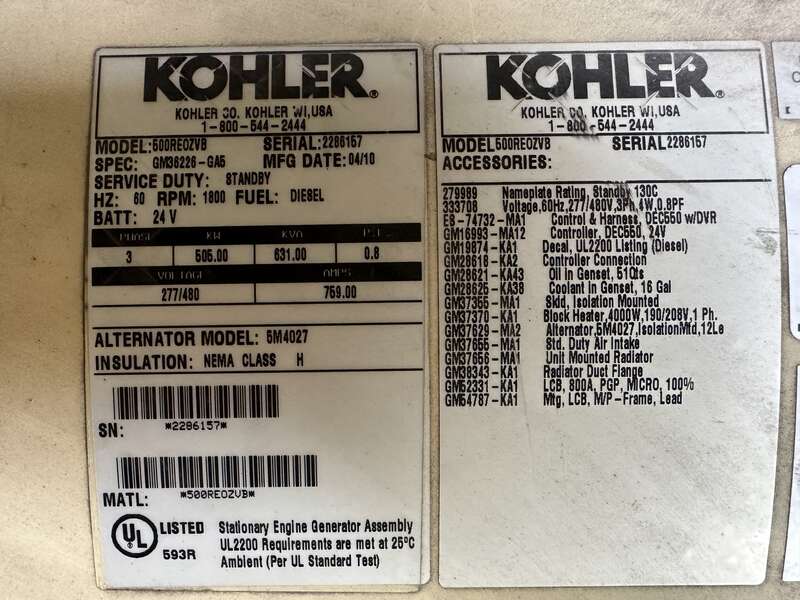 2010 Kohler 500REOZVB Diesel Generator - Image 3