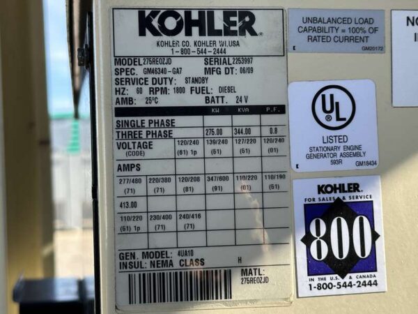 2009 Kohler 275REOZJD Diesel Generator