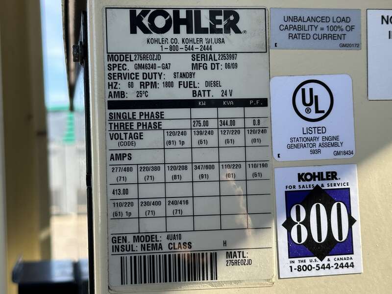 2009 Kohler 275REOZJD Diesel Generator - Image 3